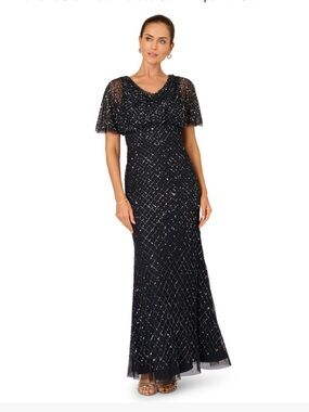 Adrianna Papell Black Beaded Cowl Drape Maxi Gown